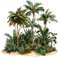 A group of tropical plants grows in a sunny area. Palm trees and other green shrubs create a lush scene