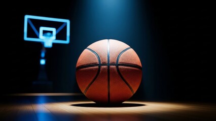 Basketball on court with hoop in background spotlight