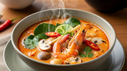 Thai tom yum soup served in a ceramic bowl, rich spicy broth with vibrant orange-red color