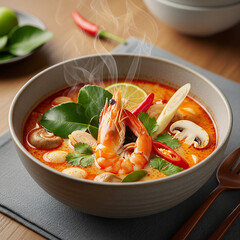 Thai tom yum soup served in a ceramic bowl, rich spicy broth with vibrant orange-red color
