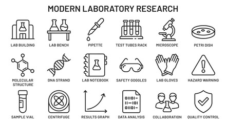 Collection of modern laboratory research icons featuring microscope, DNA strand, and test tubes in minimal outline style for science education and medical projects