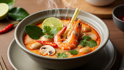 Thai tom yum soup served in a ceramic bowl, rich spicy broth with vibrant orange-red color