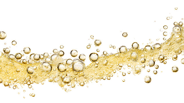 A stream of champagne gold bubbles rising in a fizzy carafe on a white background with clear sparkling liquid with luxury and celebration and party