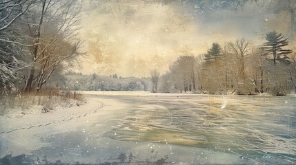 The soft grainy texture of a frozen lake dotted with ice skating tracks and snowcovered trees evokes a sense of nostalgia and wistfulness