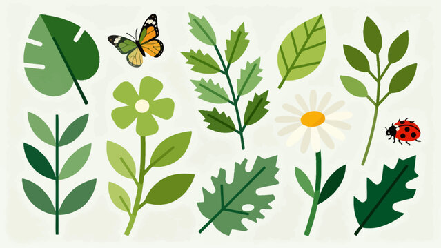 Illustration of plants butterfly and ladybug