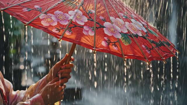 Hands holding a traditional red umbrella with cherry blossoms in a downpour. Cinematic close-up of heavy rain falling. Asian culture and weather concept