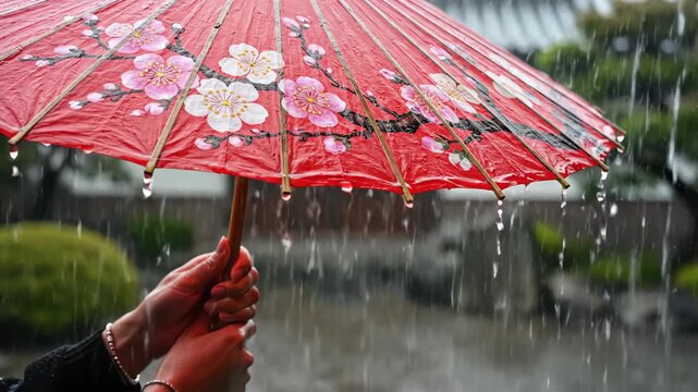 Hands holding a traditional red Japanese umbrella in the rain. Close-up of a wagasa with cherry blossom art in slow motion. Japanese culture and spring season concept