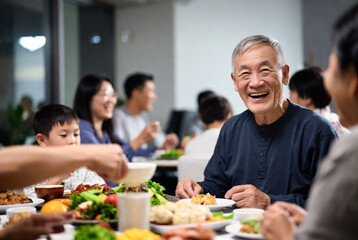 Family gathering over dinner with laughter and sharing in a warm home atmosphere. Celebrate the Chinese New Year