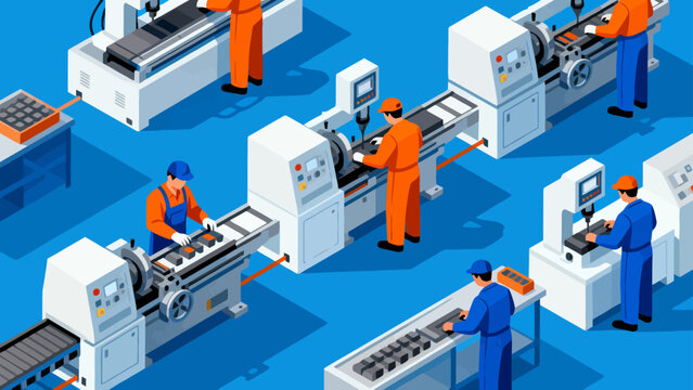Factory workers operating machinery