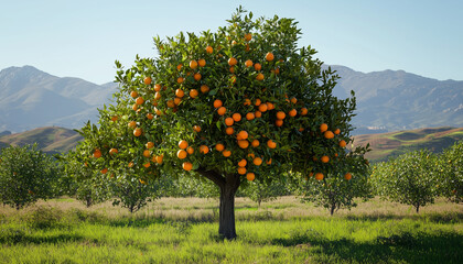 Orange tree laden with ripe fruits in sunlight, highlighting agricultural productivity and fruit ripening
