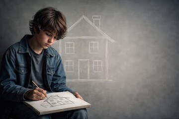 Melancholy boy with sketchpad drawing oversized house figure on gray background with copy space