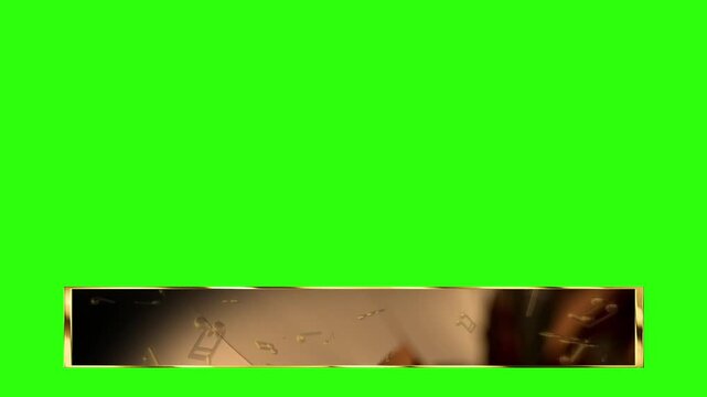 A gold-framed lower third overlay with floating musical notes on a green screen background.