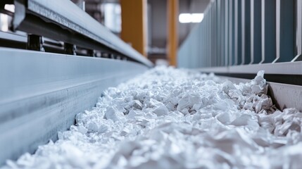 Crumpled white plastic or paper scraps on industrial conveyor belt in recycling facility