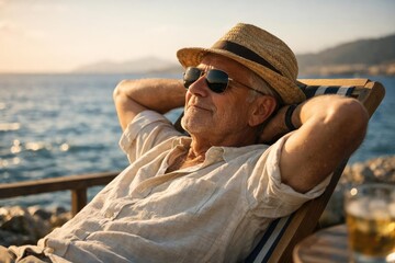 Older man relaxing on a deck chair beside serene blue sea wearing sunglasses and straw hat embracing restful holiday lifestyle after 50 years