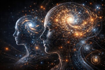 Creative depiction of fractal patterns intertwined with human head shapes reflecting AI technology evolution