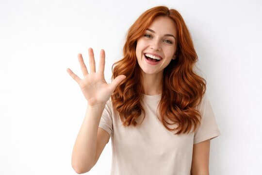 Happy woman with red hair gesturing number five in front of white wall and copy space