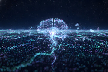 Digital brain composed of glowing particles and energy lines, abstract style, dark background, concept of intelligence and neural networks