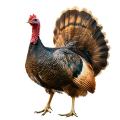 A turkey showcases its colorful feathers while standing on a flat surface in bright natural light