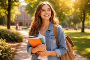 Optimistic student woman navigating green campus areas with study materials