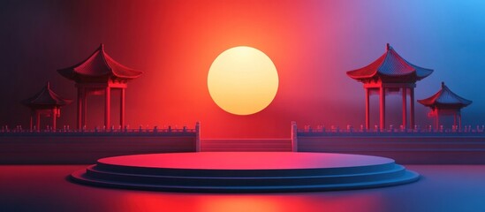 Chinese Architecture Illuminated by a Full Moon in a Radiant Red and Blue Ambiance