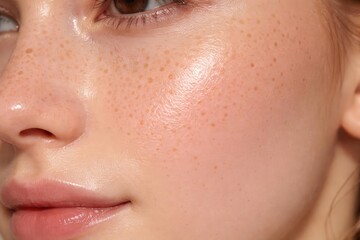 Fototapeta premium Close view of skin texture with visible freckles enhanced by acid lightening and brightening care