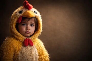 Mournful kid wearing a chicken suit with copyspace to add text