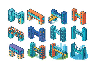 Colorful Skybridge Icons. Skybridge. Colorful isometric vector icons set of skybridge: glass skybridge, enclosed walkway, elevated pedestrian bridge,