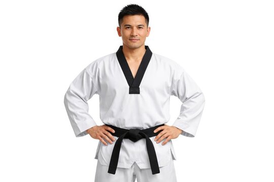 Confident martial artist in dobok with hands on waist on white isolated background