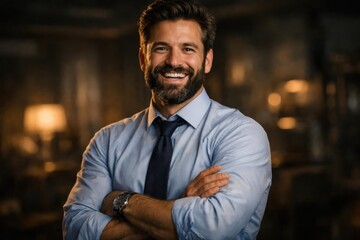 Man with beard and formal shirt tied smiling broadly, showing confident posture