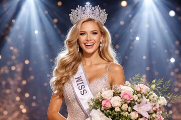 Radiant woman crowned beauty queen on stage with spotlight and diamond silver crown