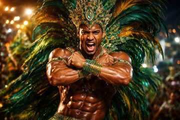 Male samba dancer executing a bold crossed arms pose with intensity