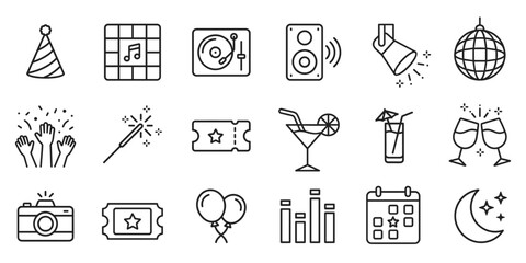Party and nightlife line icons featuring disco ball, cocktails, DJ equipment, and balloons in minimal outline style for event planning and celebration designs