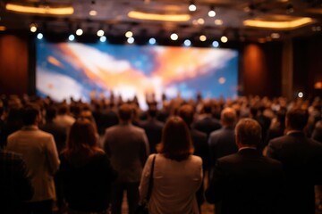 Blurred photo of a corporate event hall with participants in front of an abstract banner