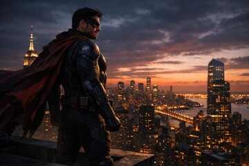 Resilient superhero patrolling city skyline at twilight