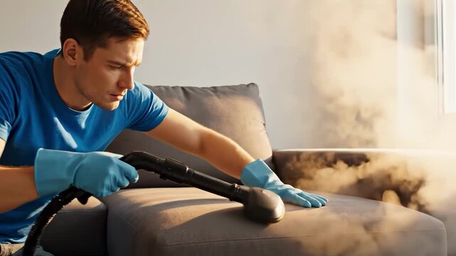 Man steam cleaning upholstery sofa with professional equipment