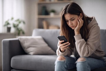 Obraz premium Photo of teenage victim of digital bullying sitting at home using phone with copyspace