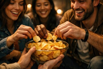 Group of friends having fun sharing potato chips in a warm indoor space closeup