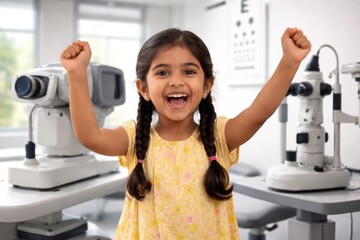 Joyful Indian girl celebrating successful eye examination in a contemporary optometry office featuring advanced diagnostic devices