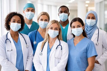 Group photo of masked medical team in a health center