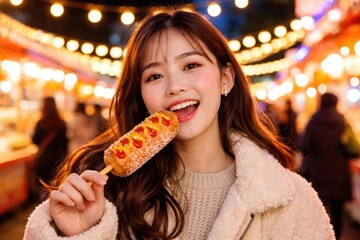 Joyful Korean style corndog eating under bright festive nighttime lights