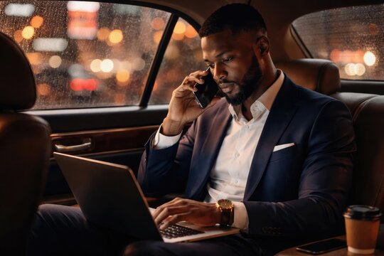 African entrepreneur multitasking with smartphone in a taxi - Powered by Adobe