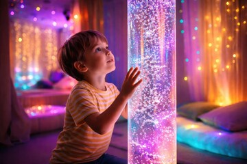 Child exploring radiant bubble tube in a vibrant sensory therapy environment