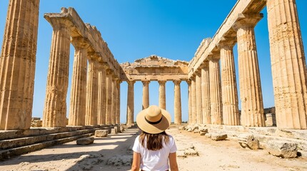 Woman in sun hat exploring ancient Greek temple ruins on a sunny day