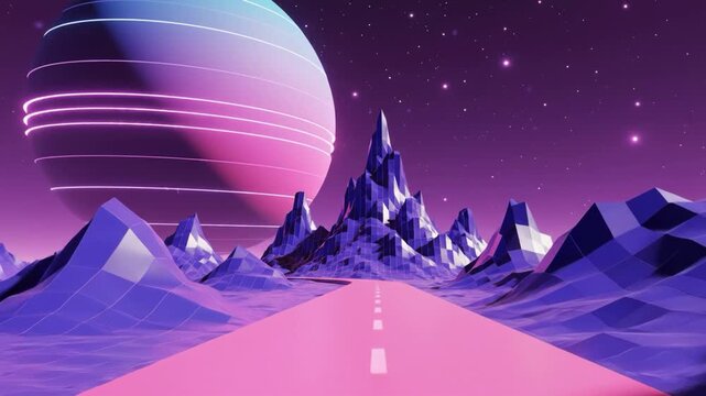 Retrowave landscape with low poly mountains and ringed planet