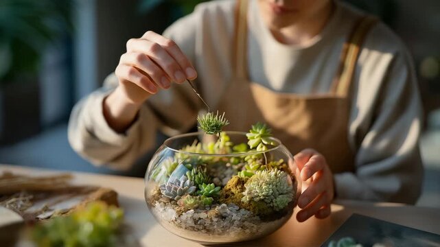 A miniature gardener arranging tiny succulents and gravel in a palm-sized terrarium, soft morning light highlighting the serene micro-landscape &mdash; zen-inspired decor and small-scale botanical