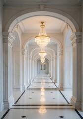Fototapeta premium Elegant interior with arches, pillars, chandeliers, and marble floor