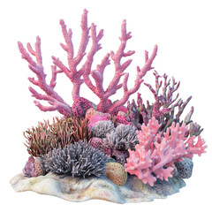 Corals of various colors are arranged together on the ocean floor, creating a unique underwater habitat