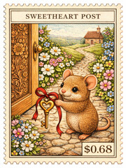 Cute mouse holding a heart-shaped key with a red ribbon at a floral doorstep on a vintage &ldquo;Sweetheart Post&rdquo; stamp.
Perfect for Valentine cards, love-themed packaging, or wedding invitations.