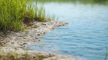 Serene Lakeside Scene with Pebbles and Grass