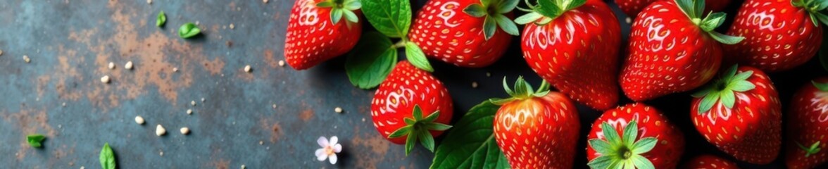 Bright red strawberries with fragrant mint leaves, overhead shot , ingredient, natural, background